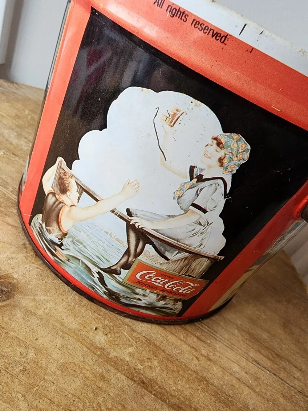 Vintage Coca Cola Old Fashioned Ladies at Beach Lidded Wire Handle Round Tin Can